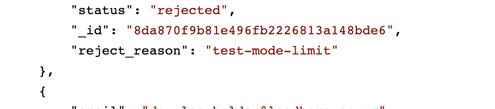 Mandrill "test-mode-limit" rejection in API logs